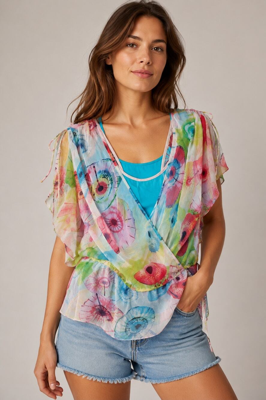 DVF Silk Watercolor Floral Sheer Wrap Blouse Top Size 4
